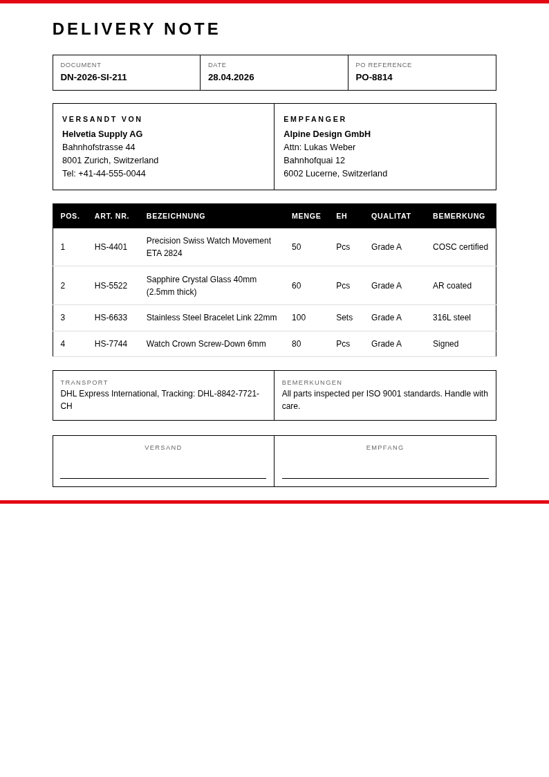 Swiss international delivery note